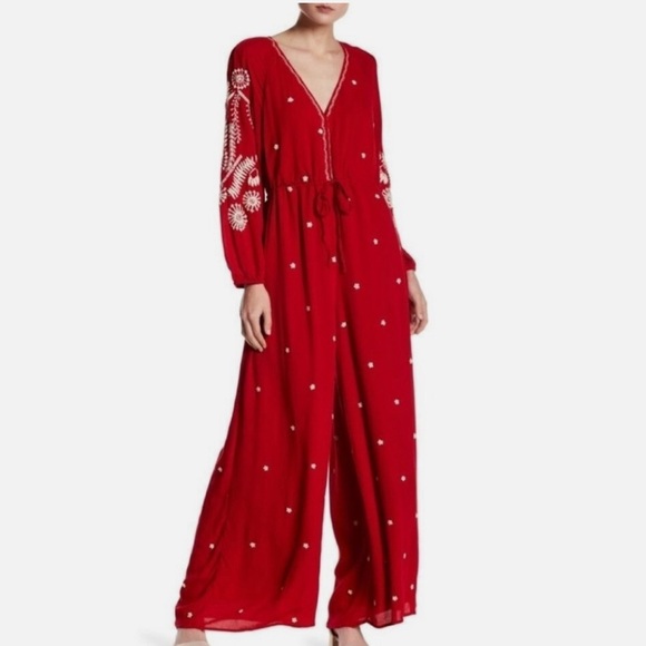 Free People Red Embroidered Romper/Jumpsuit v-neck jumpsuit - Picture 5 of 15